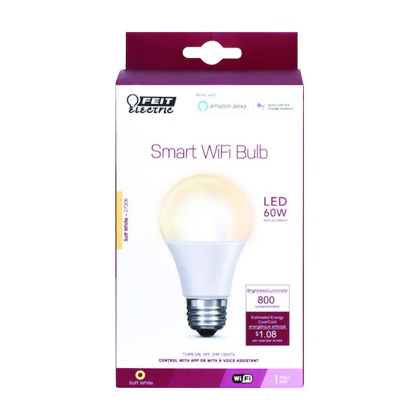 Feit Electric Feit Smart Home A19 E26 (Medium) Smart-Enabled LED Bulb Soft White 60 Watt Equivalence 1 pk OM60/927CA/AG - main